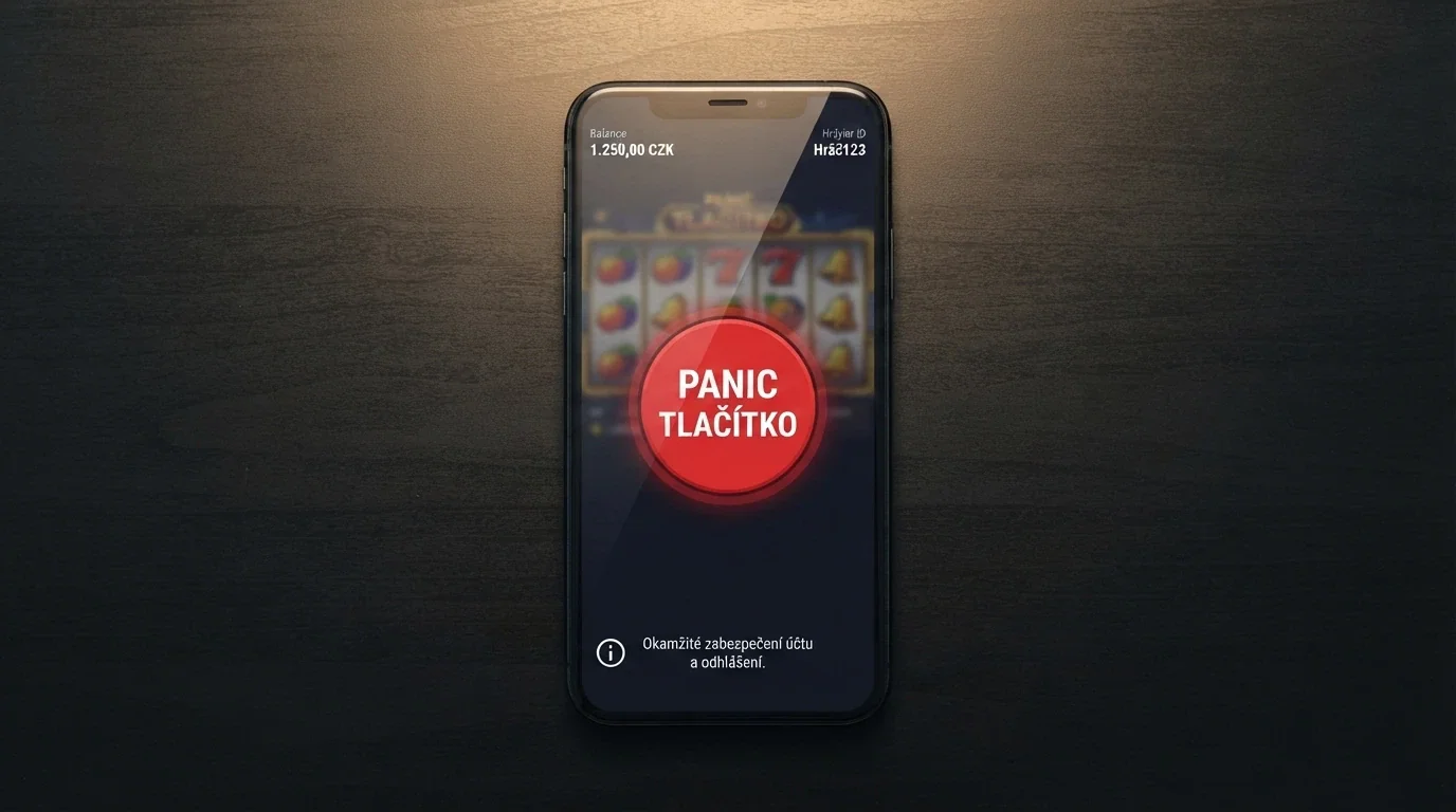 Tlačítko „Panic Button — okamžité přerušení hry“ na herním rozhraní vedle informační ikony Rejstříku vyloučených osob