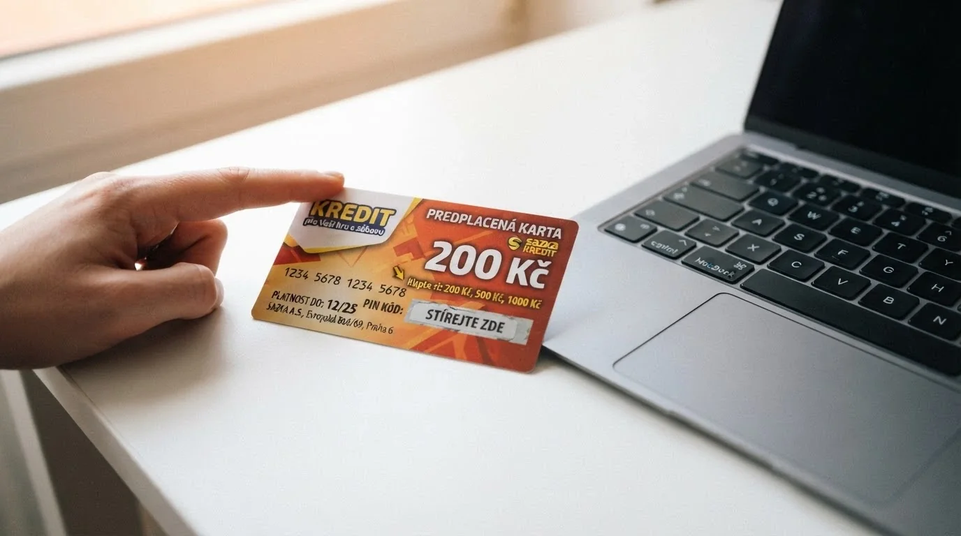 Paysafecard voucher v hodnotách 250 až 5 000 Kč položený vedle klávesnice