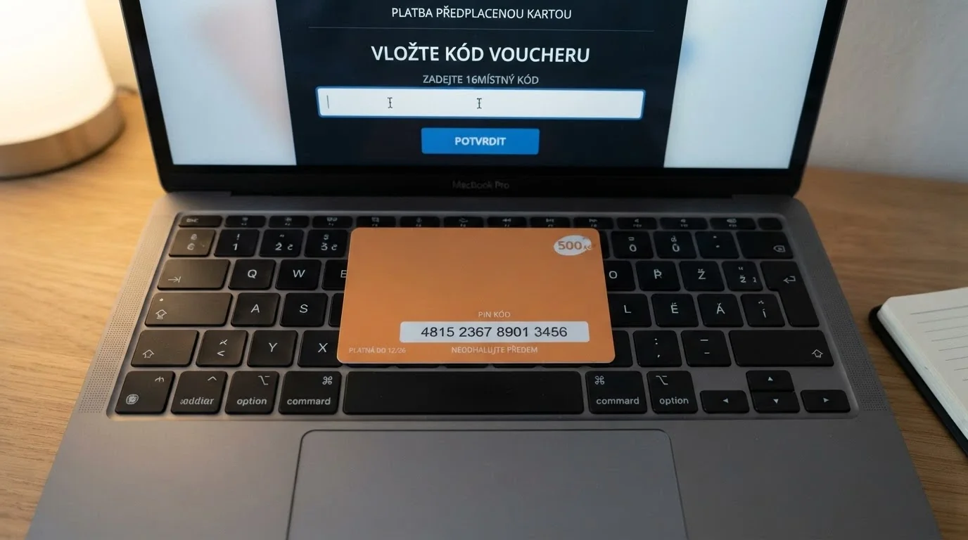 Detailní záběr na poukázku Paysafecard s viditelným PIN kódem položenou na klávesnici notebooku, na monitoru je pokladna online casina