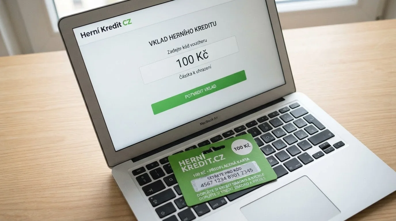 Paysafecard kupón položený na klávesnici notebooku vedle otevřené stránky casina s nabídkou vkladu