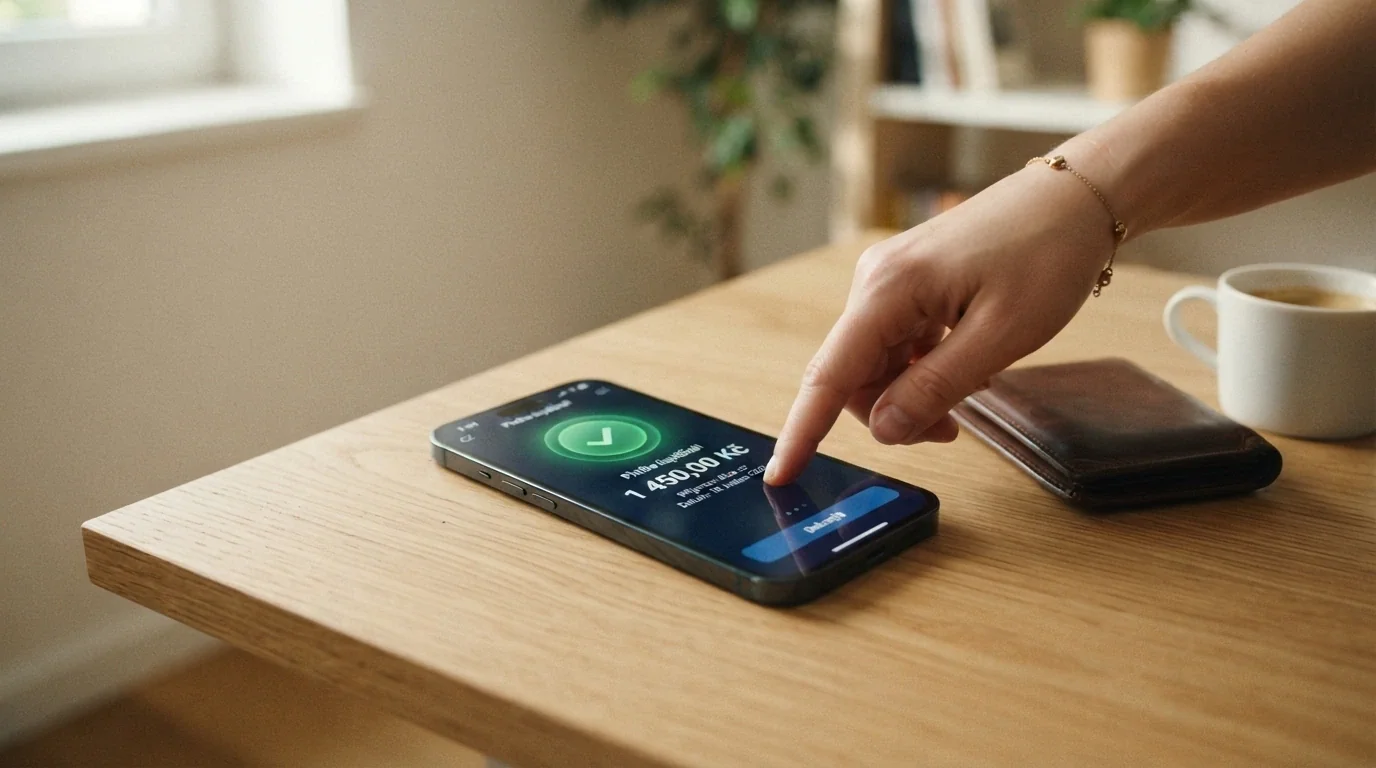 Mobilní telefon s otevřenou bankovní aplikací vedle obrazovky s potvrzením výběru z kasina