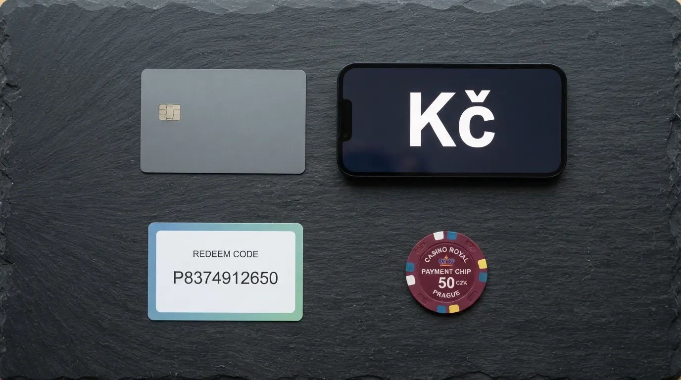 Koláž platebních metod: platební karta, mobil s Apple Pay, Paysafecard poukázka, bitcoin mince na stole