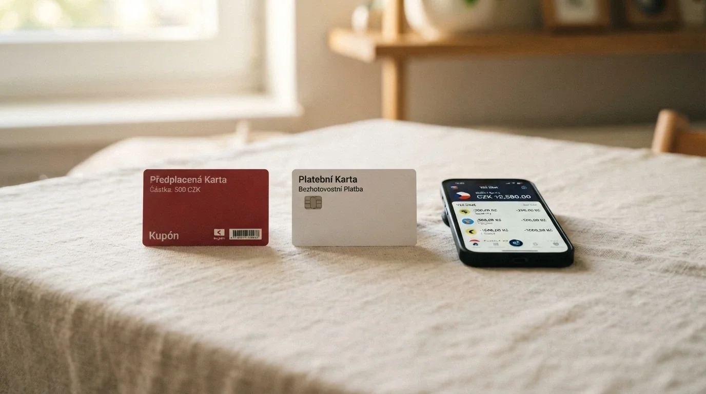 Paysafecard, platební karta a mobil s bankovní aplikací položené vedle sebe