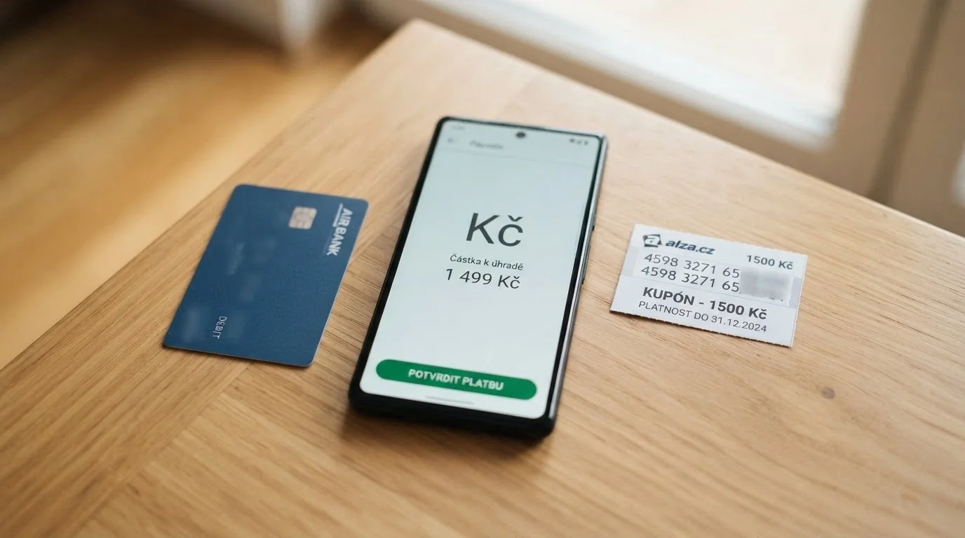 Mobilní telefon zobrazující platební bránu s logy Visa, Mastercard, Paysafecard, Skrill a Apple Pay, vedle něj platební karta a voucher Paysafecard