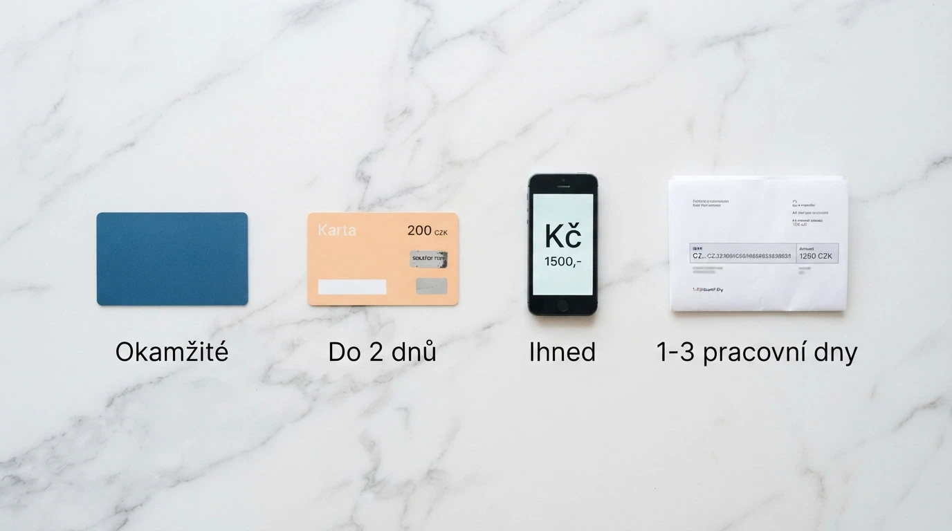 Sestava platebních metod — platební karta, Paysafecard, Skrill, bankovní převod — s vyznačenou rychlostí výplaty u každé z nich