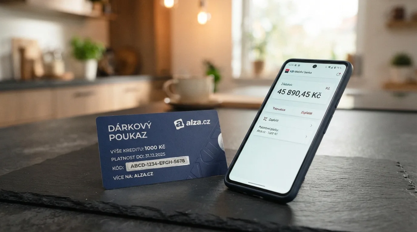 Paysafecard voucher v hodnotě 500 Kč položený vedle mobilního telefonu s otevřenou stránkou internetového bankovnictví