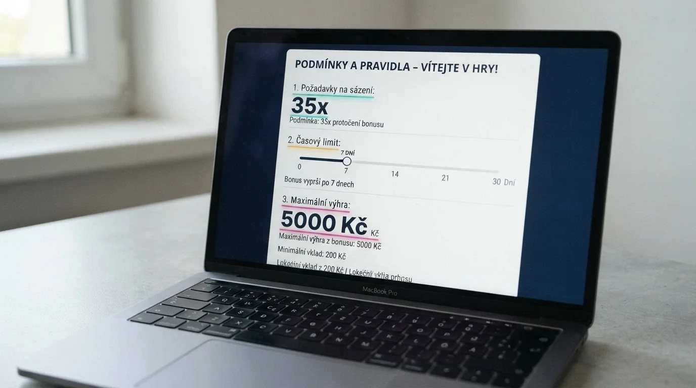 Zvětšená sekce podmínek bonusu na obrazovce — zvýrazněné údaje o protočení, časovém limitu a maximálním výběru