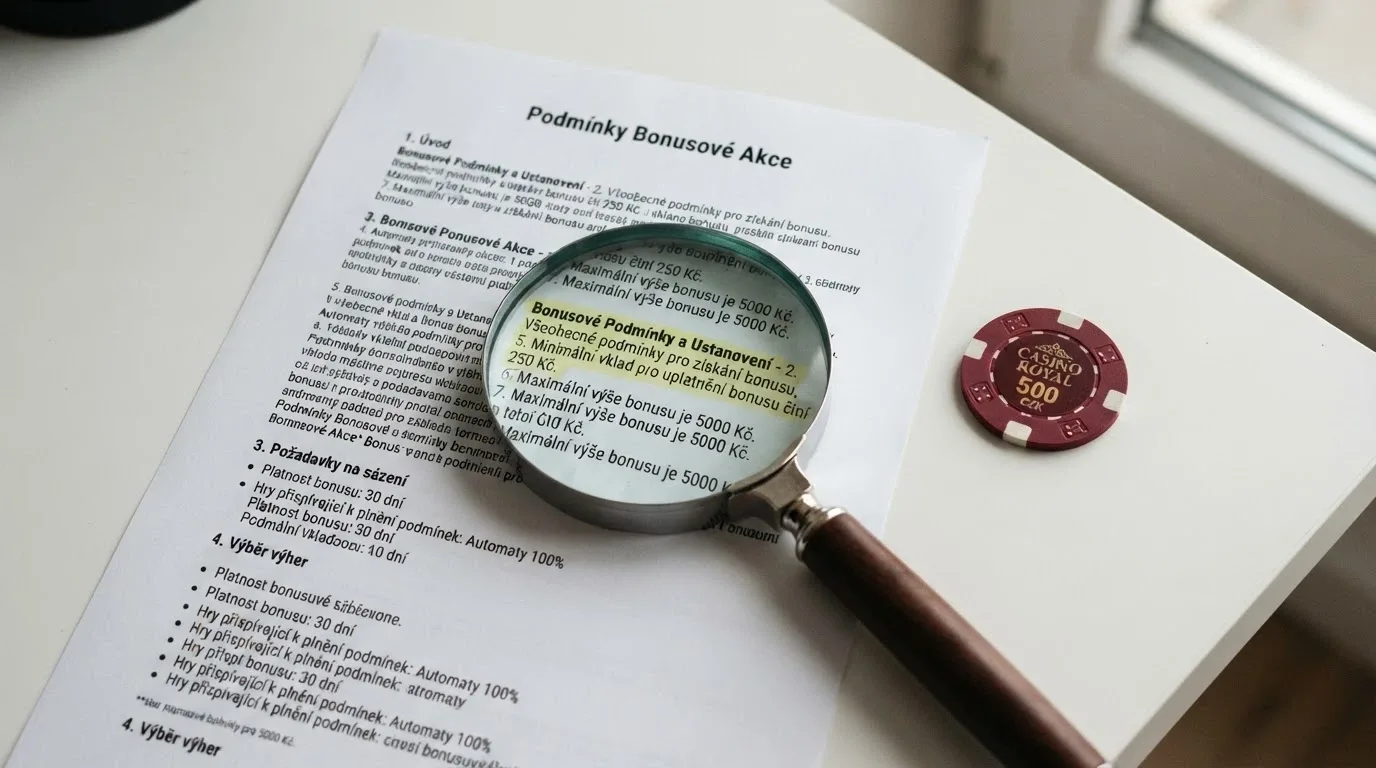 Lupa nad dokumentem s podmínkami bonusu — zvýrazněné řádky o protočení a maximálním výběru