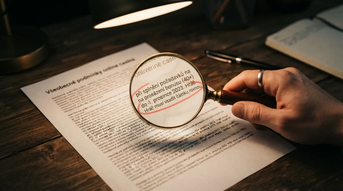 Lupa nad textem bonusových podmínek, zvýrazněné číslo wageringu a datum platnosti