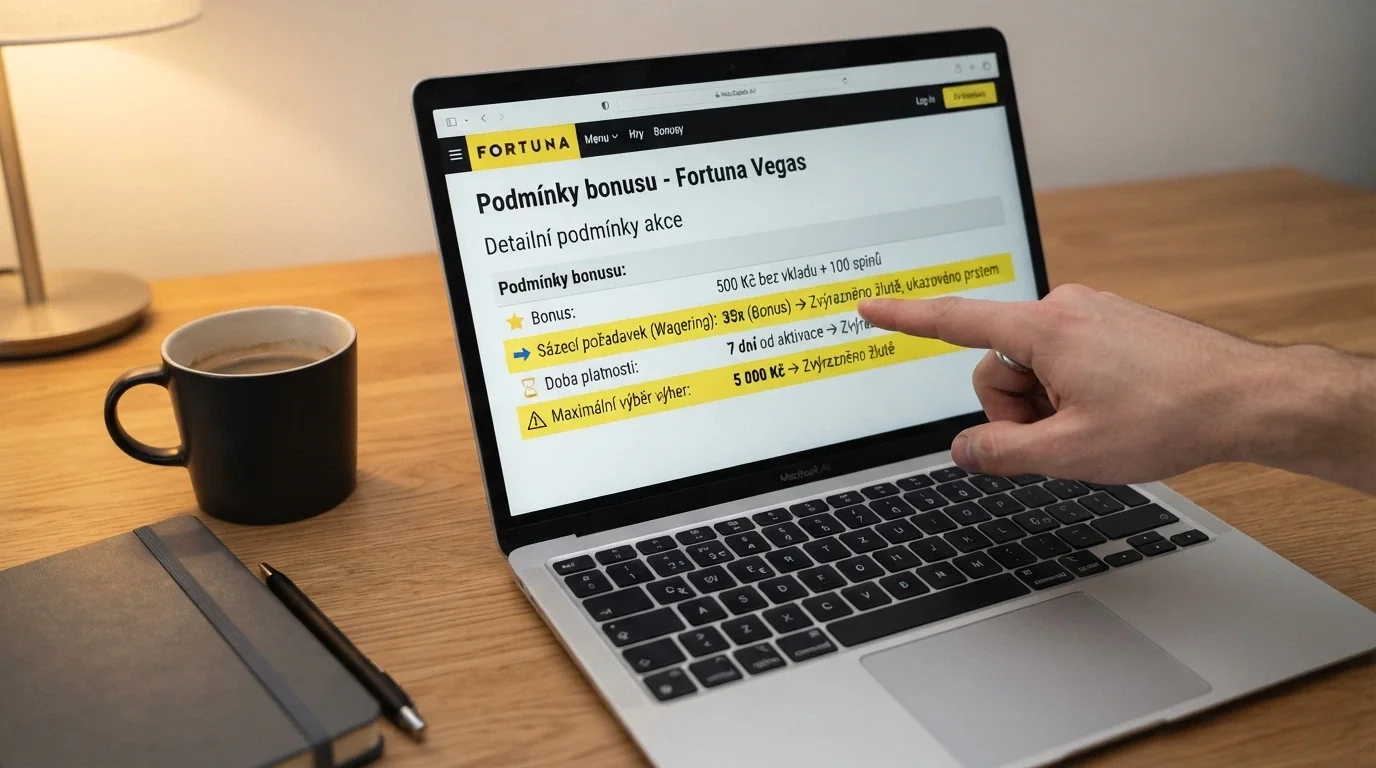 Detailní záběr na obrazovku s podmínkami bonusu — zvýrazněné řádky wageringu, maximálního výběru a data vypršení platnosti
