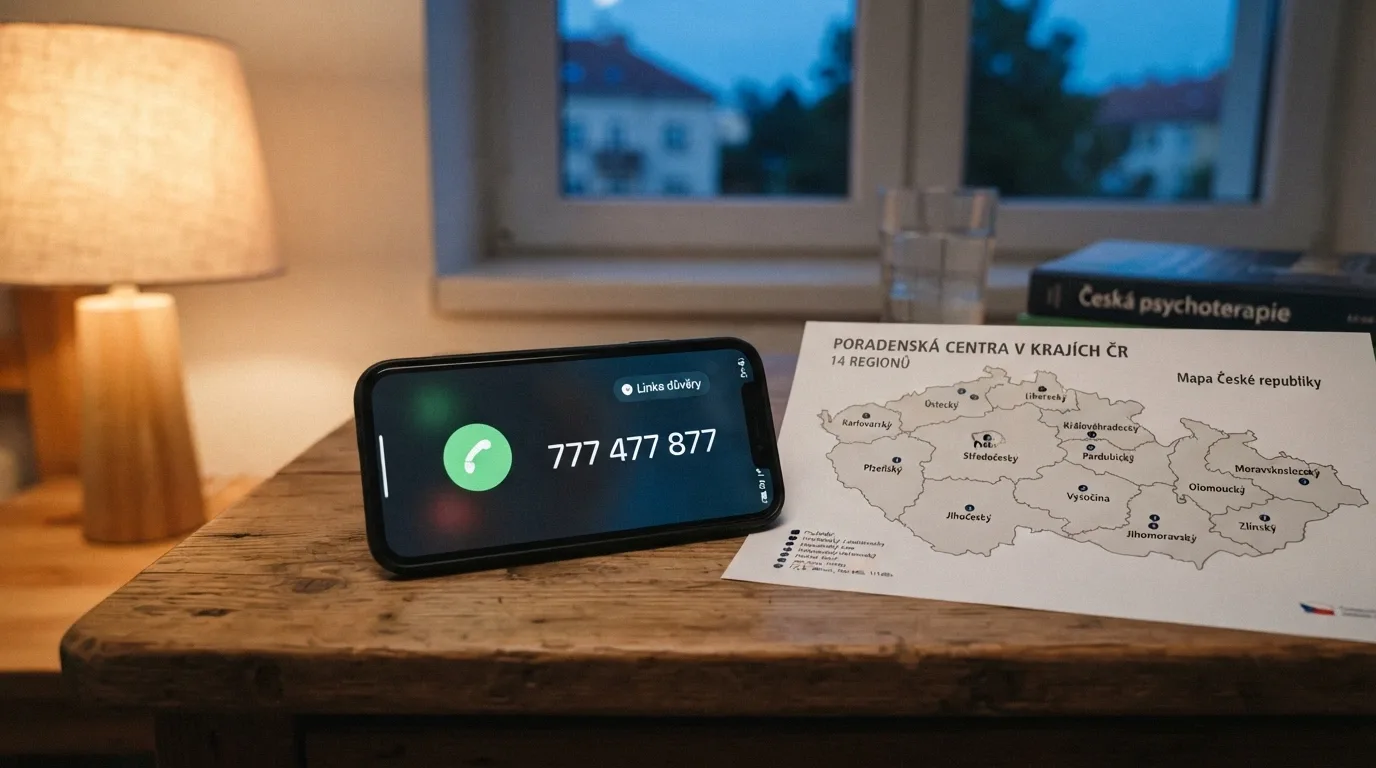 Telefon s vytočeným číslem 777 477 877 a otevřenou mapou poradenských center v Česku