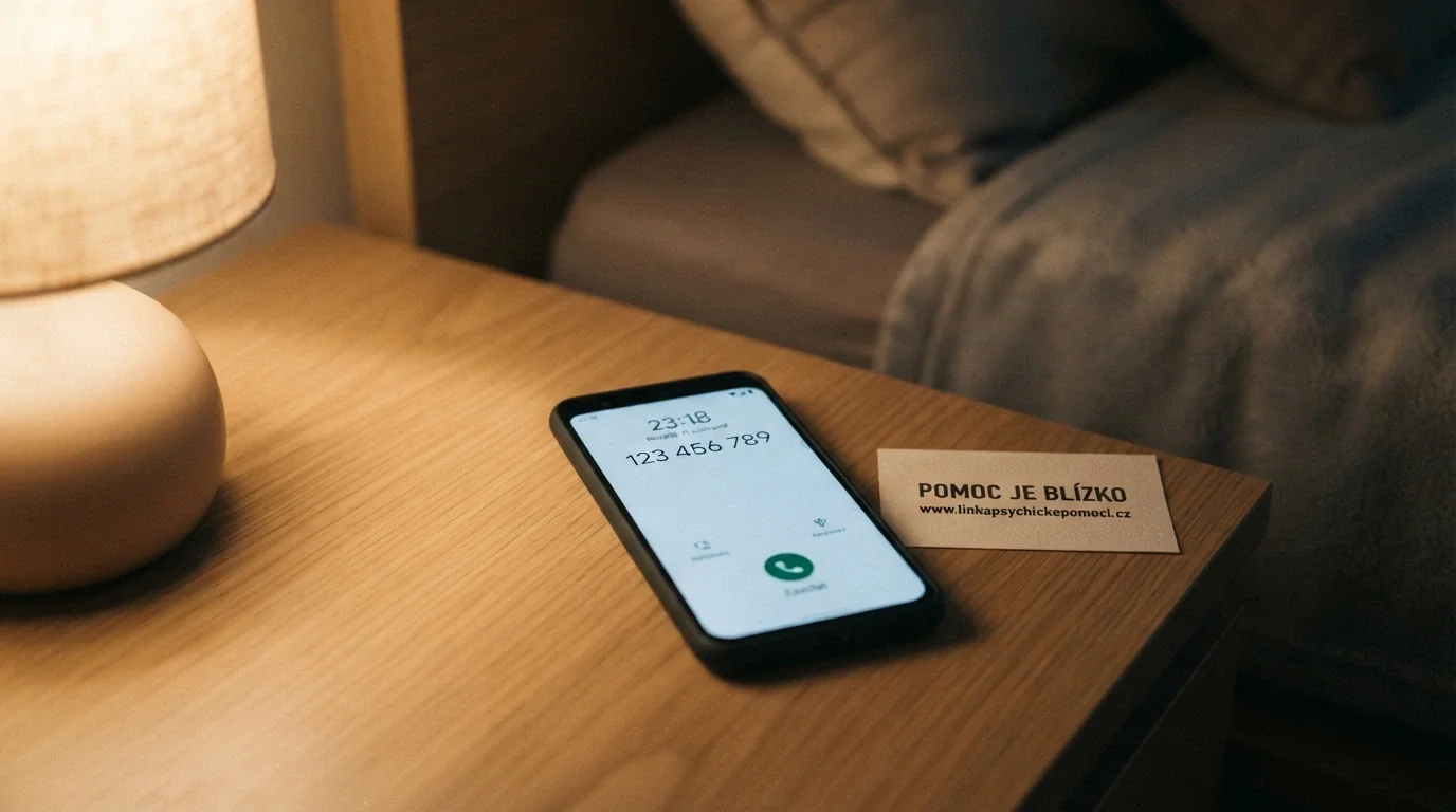 Telefon s vytočeným číslem linky pomoci, vedle vizitka s kontakty a webovou adresou poradny Naberte kurz