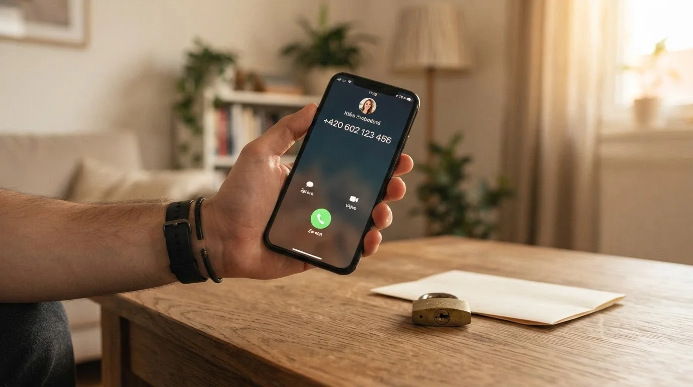Telefon s vytočeným číslem linky pomoci, vedle ikona zámku symbolizující RVO a tlačítko pauzy