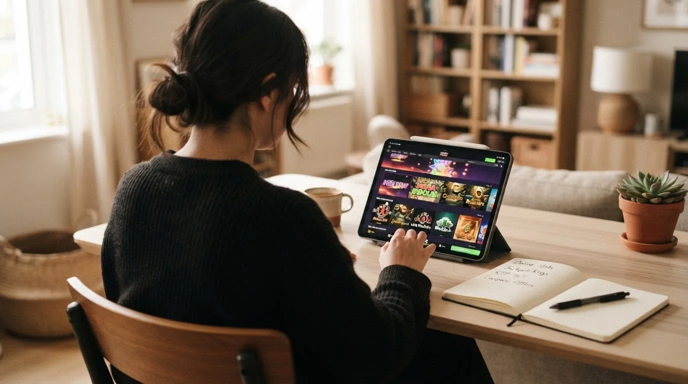 Přehledová tabulka srovnávající mobilní casino na displeji tabletu