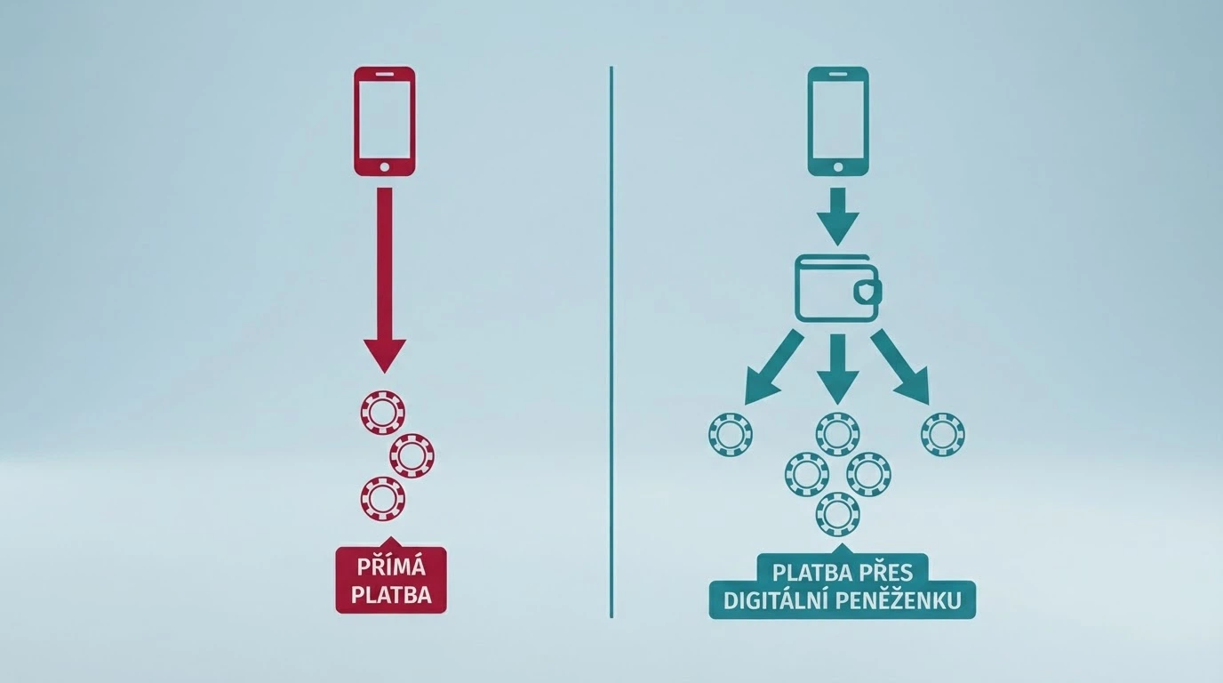 Schéma dvou cest — nalevo logo Vodafone a tři casina propojená přímo, napravo logo NeteraPay a více casin napojených přes peněženku