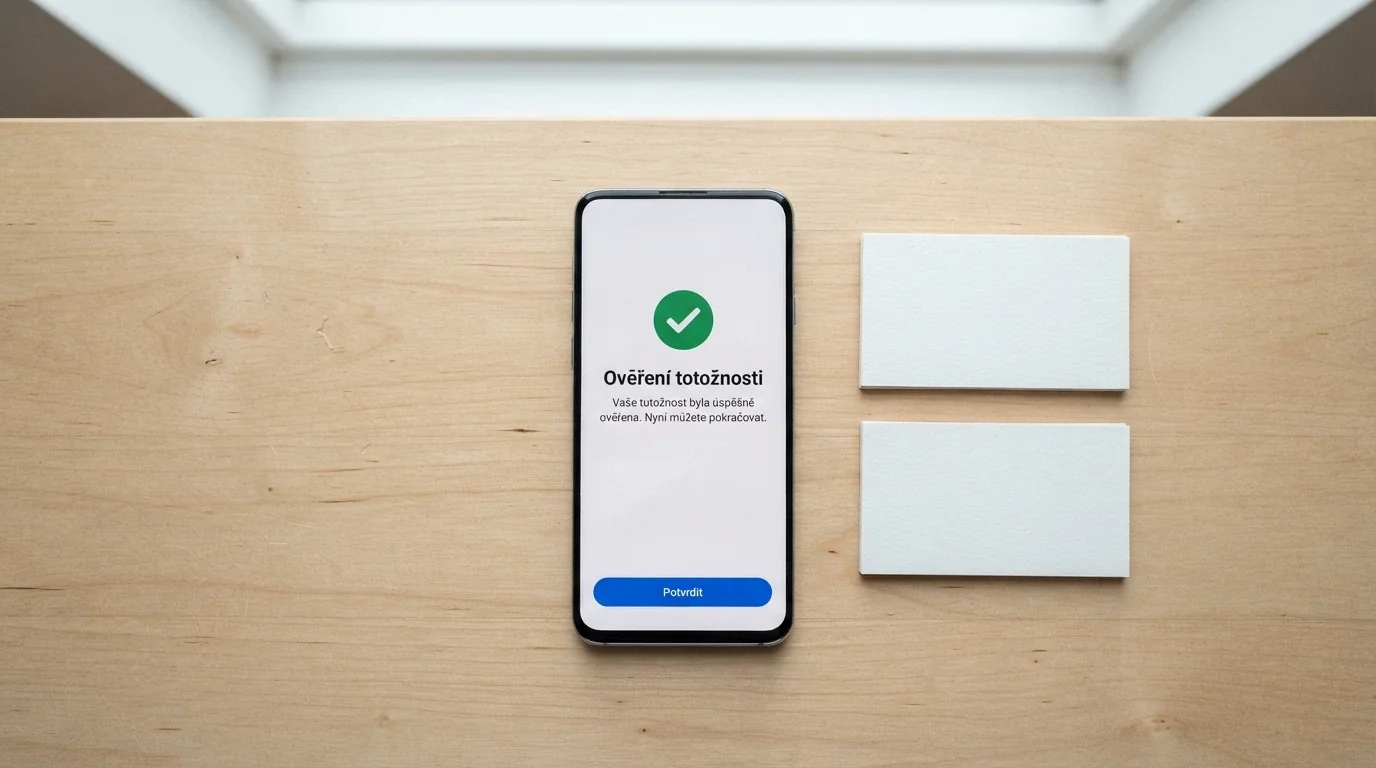Obrazovka mobilu s rozhraním Bank iD — potvrzení identity, na pozadí logo českých bank