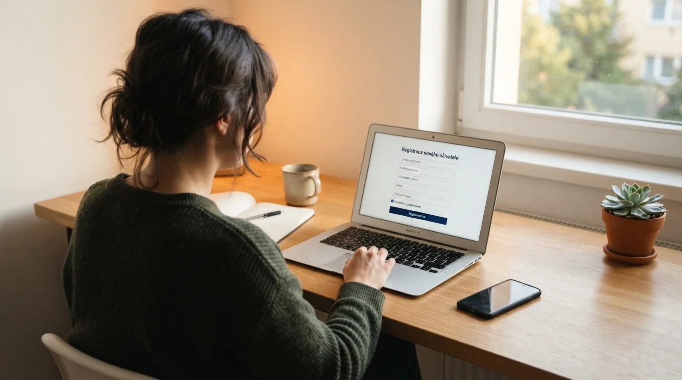 Registrační formulář online casina na obrazovce notebooku s tlačítkem pro založení účtu