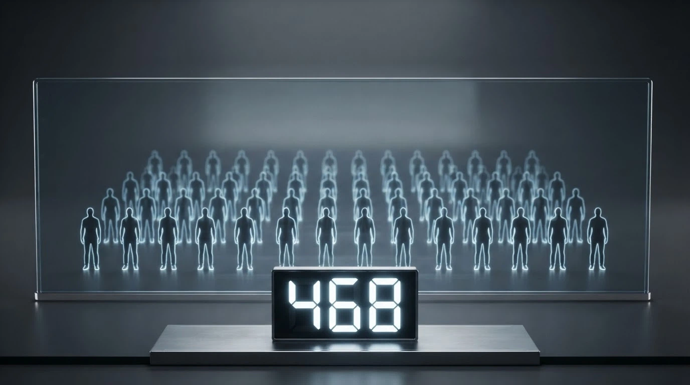 Abstraktní vizualizace databáze — siluety postav za průhlednou ochrannou bariérou, číselný údaj 243 000