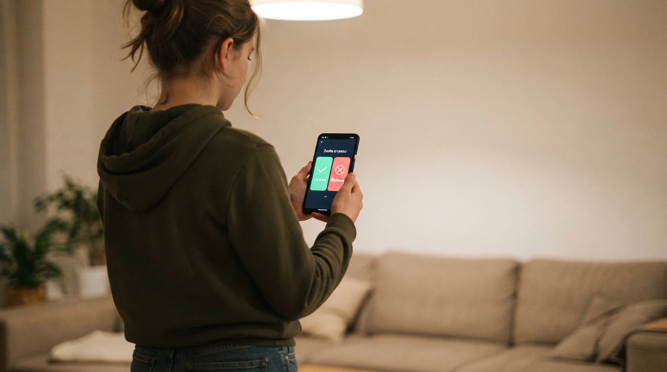 Hráč s mobilem v ruce se rozhoduje — na obrazovce dvě cesty: registrace s ověřením u licencovaného casina, nebo červeně přeškrtnutý nelicencovaný web