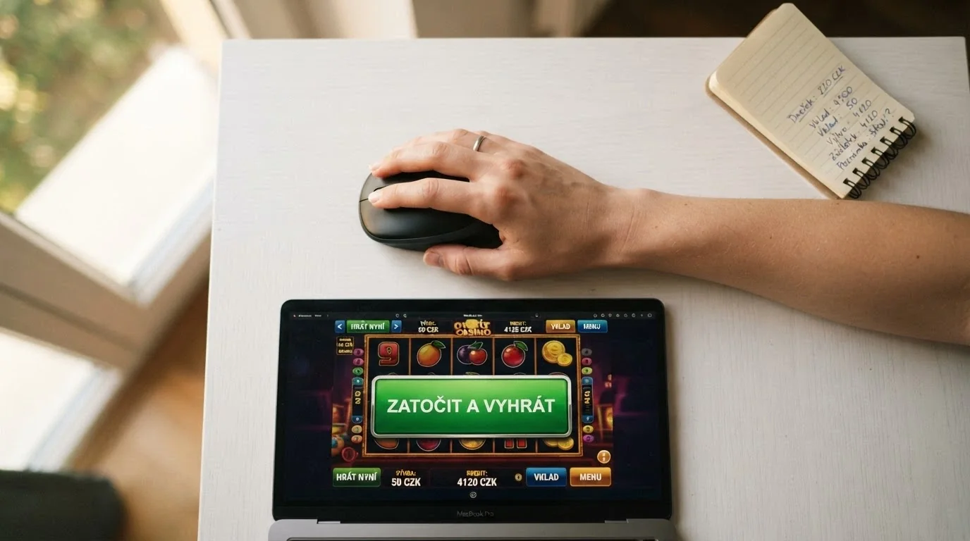 Hráč s rukou na myši před obrazovkou s tlačítkem Zaregistrovat se a kalkulačkou v rohu