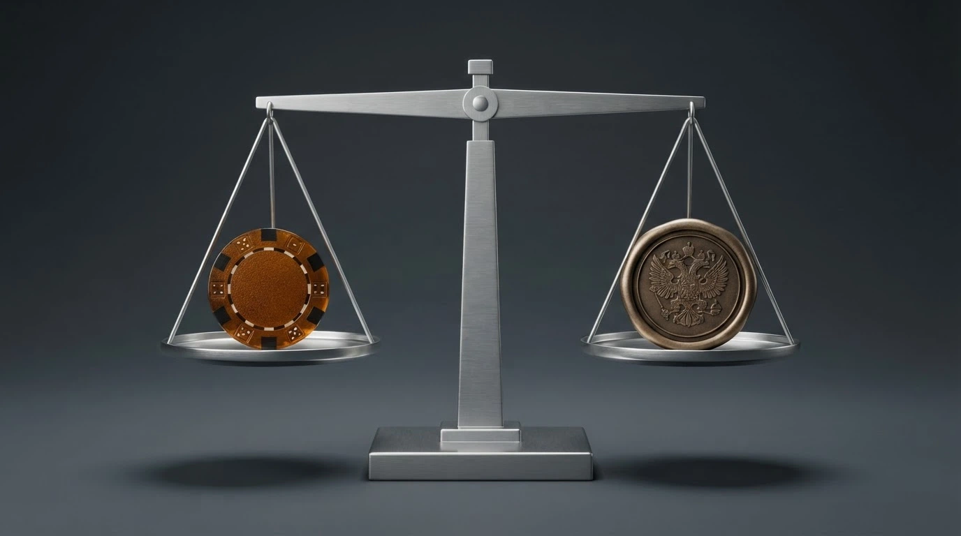Váhy symbolizující dvě možnosti — na jedné misce ikona Bitcoinu, na druhé razítko české licence