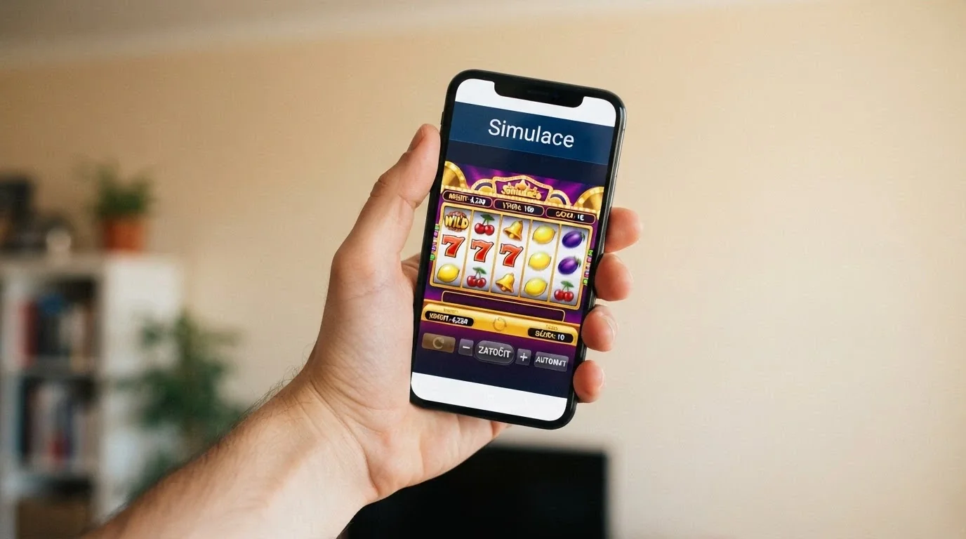 Mobil s otevřenou aplikací social casina — na displeji automat, ale nahoře nápis „Simulace — bez reálných výher“