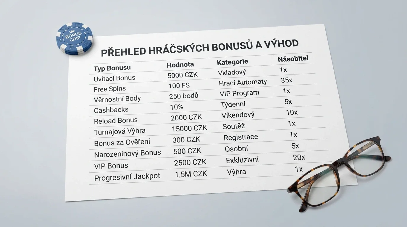 Přehledová tabulka srovnání bonusů bez vkladu s důrazem na protočení a typ bonusu