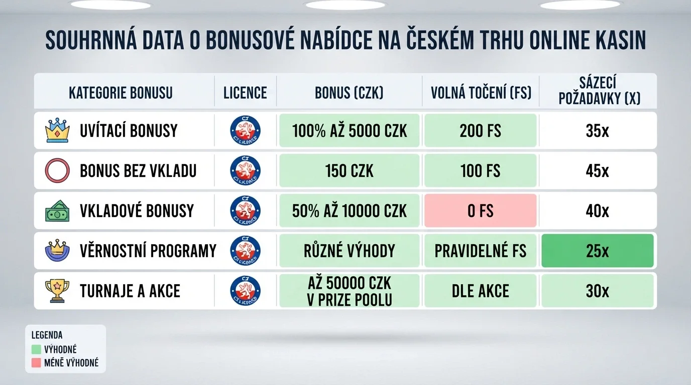 Přehledová tabulka s deseti operátory, jejich bonusy, licencemi a podmínkami protočení