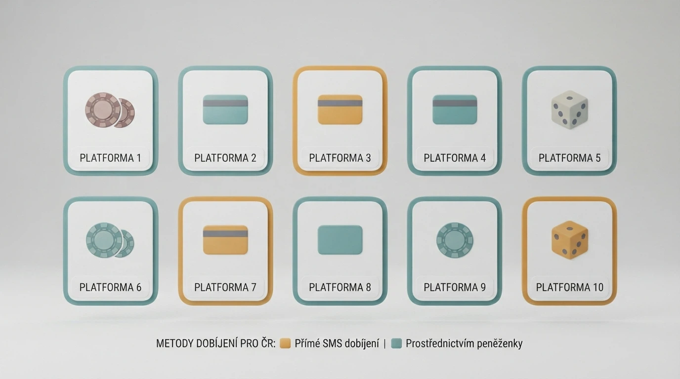 Koláž log deseti hodnocených online casin seřazených do mřížky, s barevným odlišením tří operátorů nabízejících přímý SMS vklad