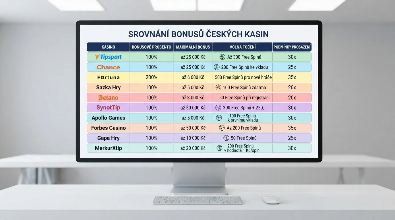 Přehledová tabulka s řádky operátorů a sloupci bonusových parametrů, každý řádek barevně odlišený