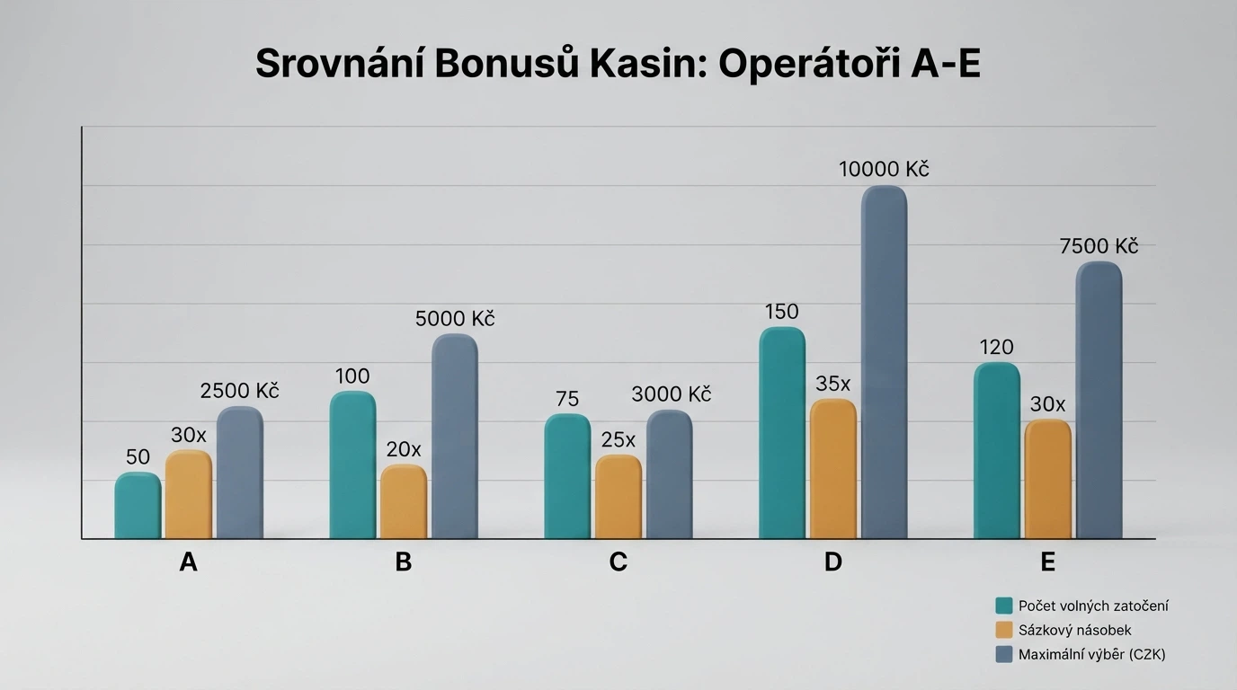 Přehledná tabulka s logy deseti operátorů v řádcích a klíčovými parametry ve sloupcích — počty spinů, wagering, datum licence