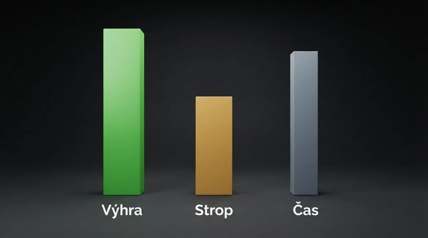 Grafické znázornění tří sloupců: výhra (vysoký), strop výběru (nízký), čas (krátký) — vizuální metafora limitu