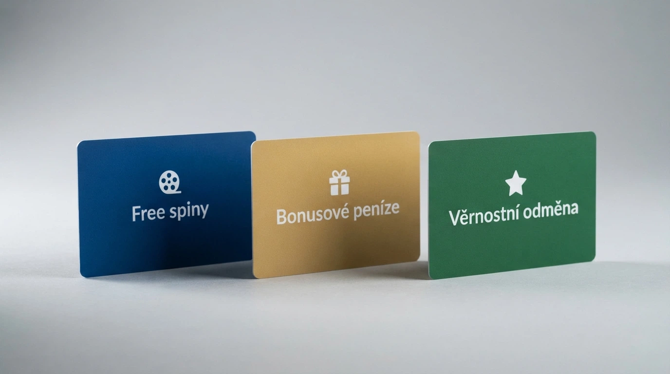 Tři vizuálně odlišené typy bonusových karet — free spiny, bonusové peníze, věrnostní odměna
