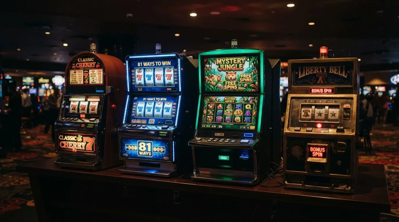 Čtveřice automatů různých typů vedle sebe — tříválcový ovocný, čtyřválcový s 81 cestami, pětiválcový video slot, retro automat s bonusovou hrou