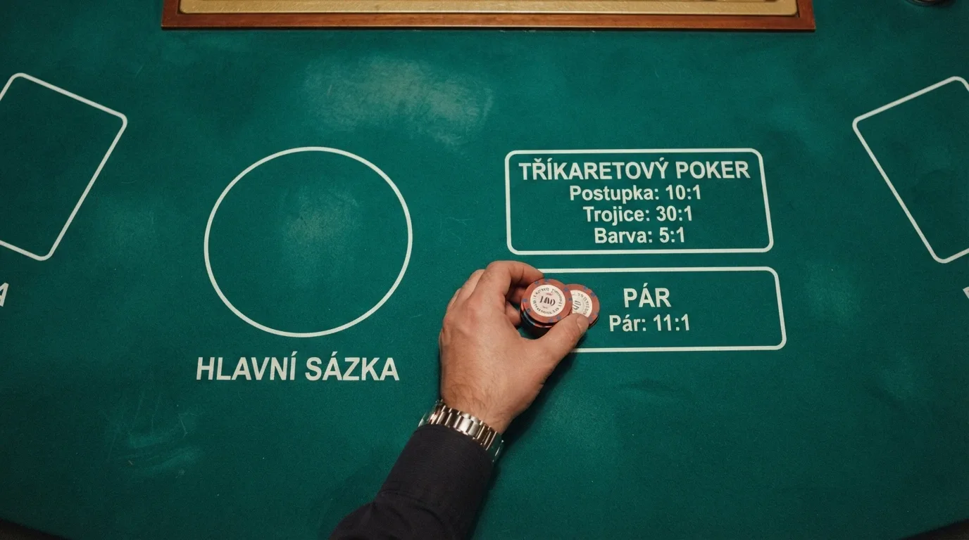 Rozložení vedlejších sázek 21+3 a Perfect Pairs na sázkovém poli live blackjackového stolu