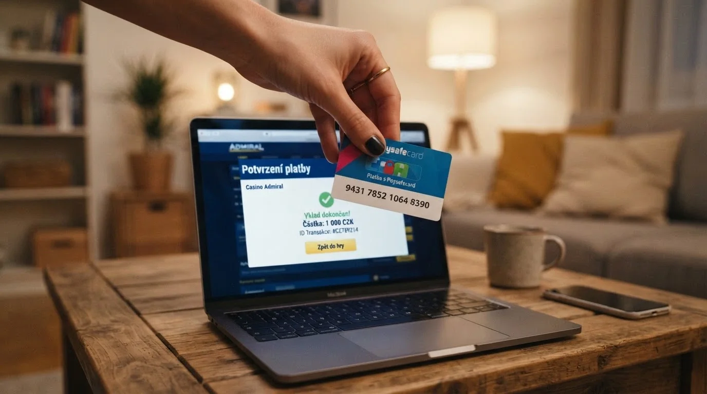 Ruka držící Paysafecard kupón s viditelným 16místným PIN kódem před obrazovkou s pokladnou online casina