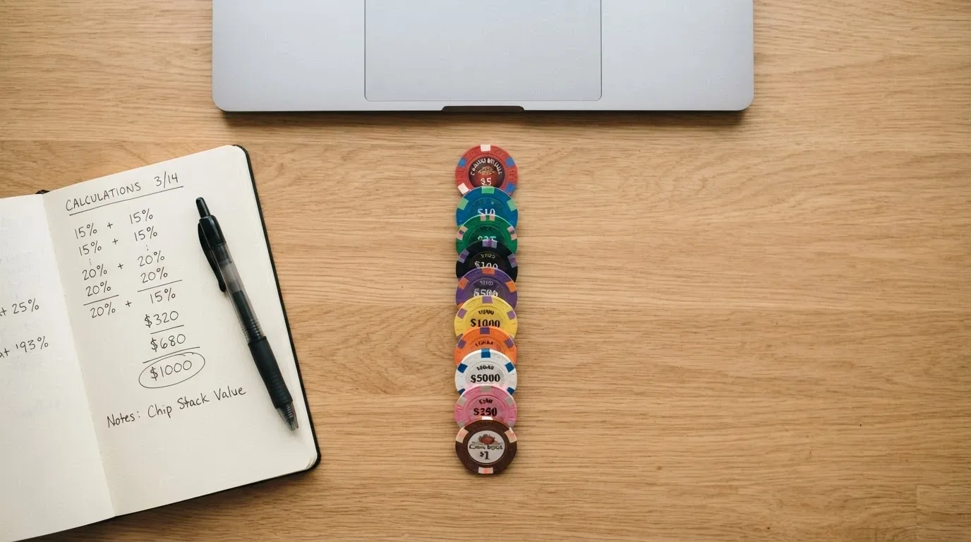 Stoh mincí na stole vedle otevřeného notebooku s kalkulací protočení vkladového bonusu