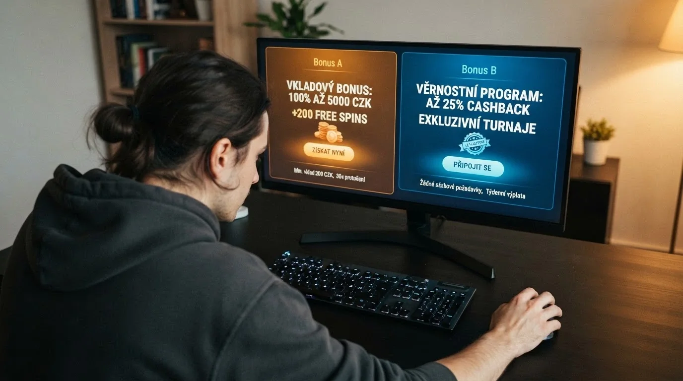 Hráč porovnávající dvě nabídky bonusů na obrazovce — v levé a pravé části monitoru