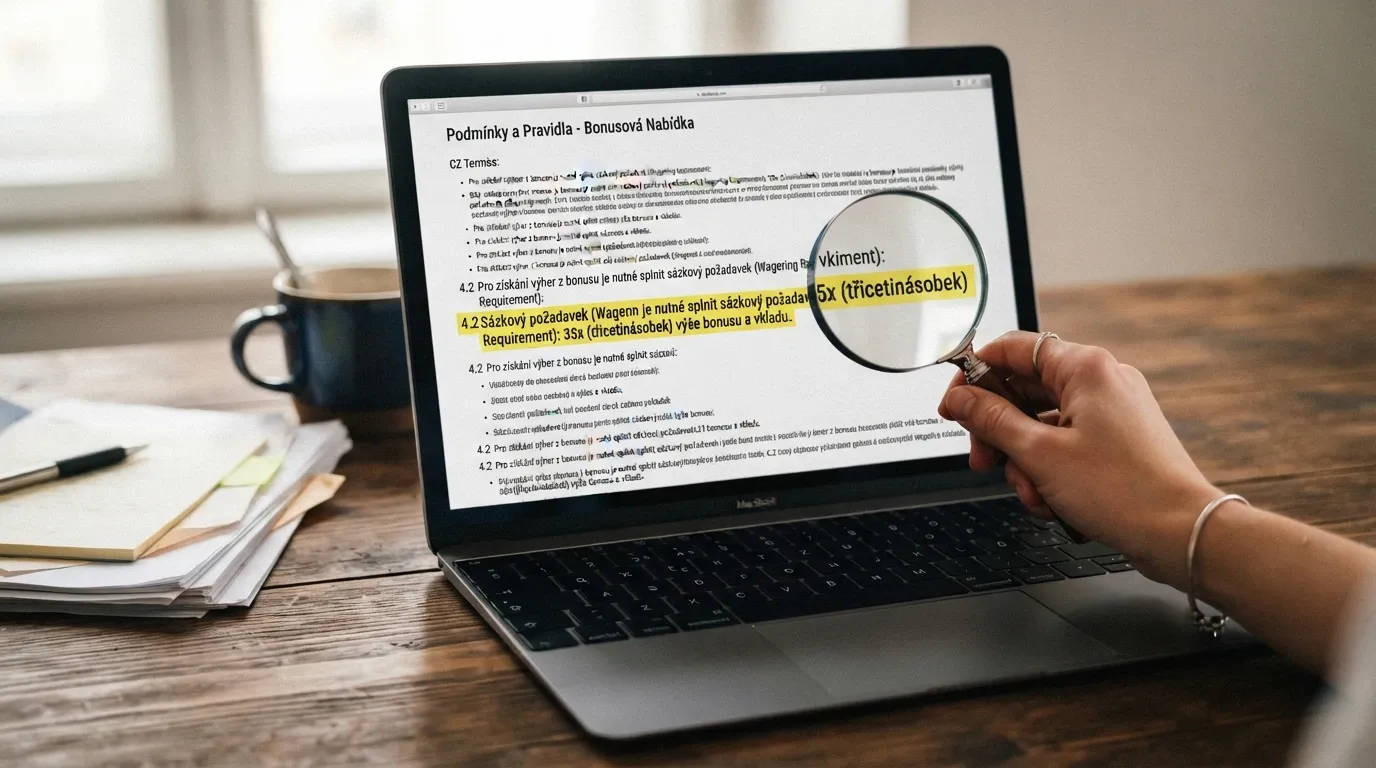 Lupou přiblížené obchodní podmínky na obrazovce, zvýrazněný řádek s požadavkem na protočení 40×