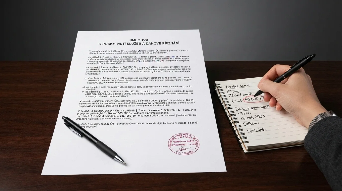 Úřední dokument s paragrafy a razítkem Ministerstva financí ČR, vedle ikona daňového přiznání