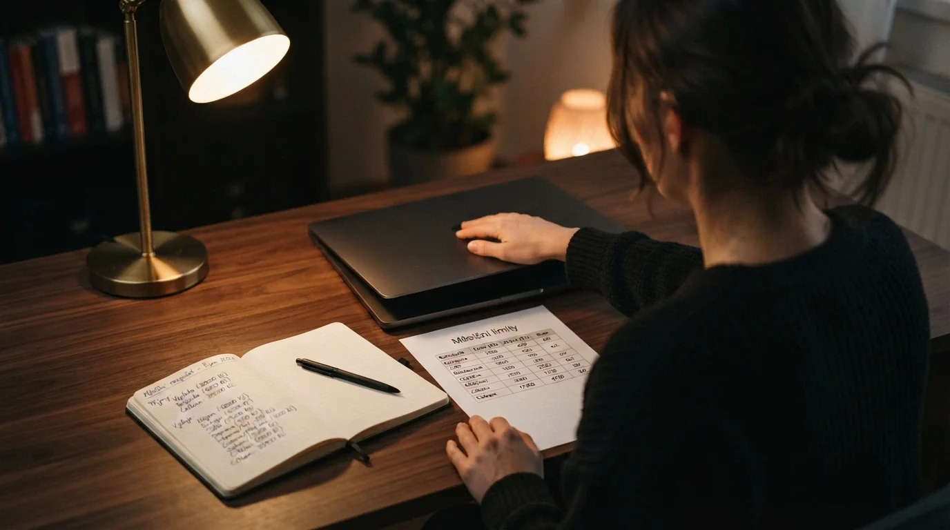 Hráč zavírá notebook s logem online casina, před ním leží vytištěný rozpis herních limitů a poznámkový blok s nastaveným měsíčním rozpočtem