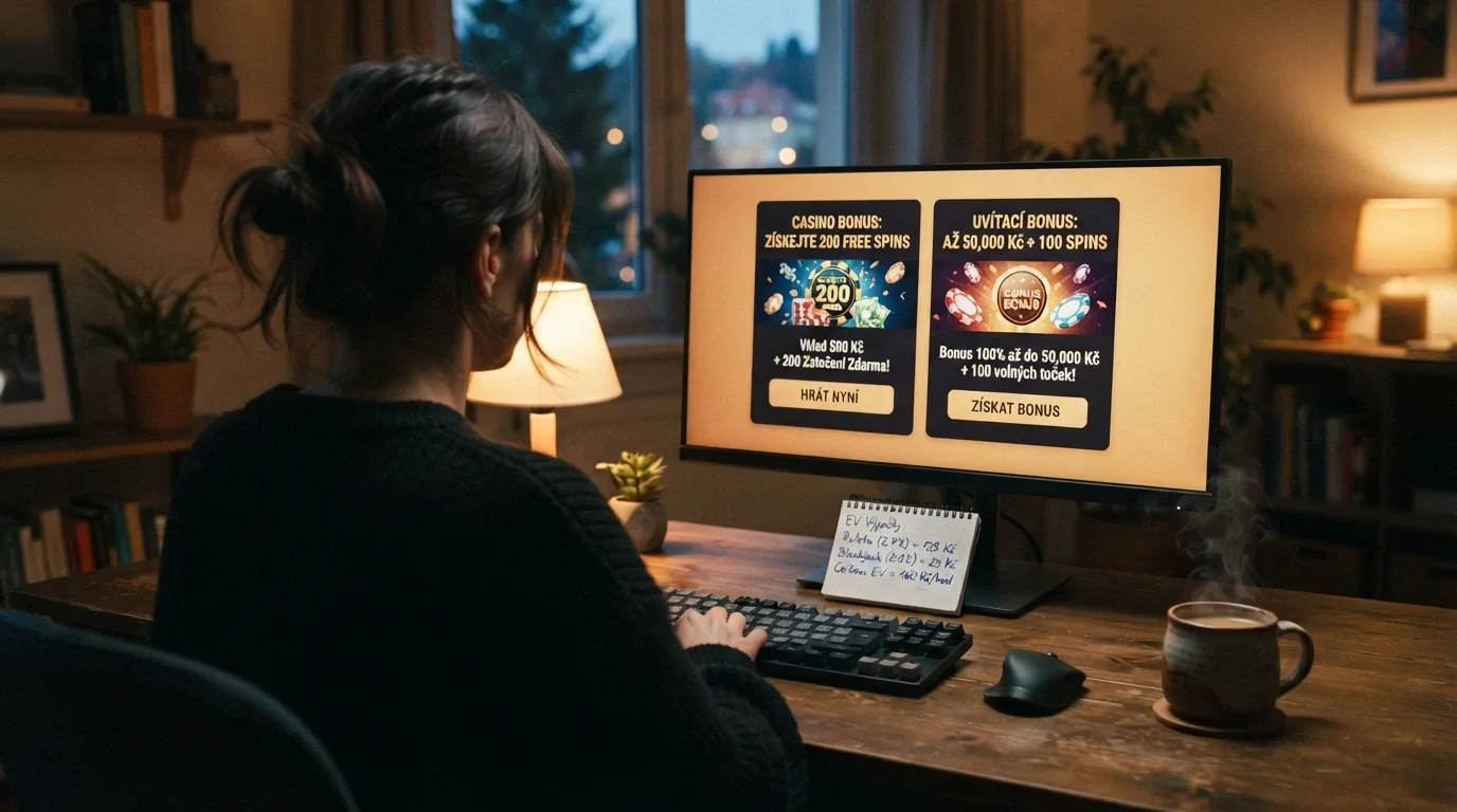 Hráč u počítače s kávou, na monitoru otevřené dvě nabídky free spinů a kalkulačka