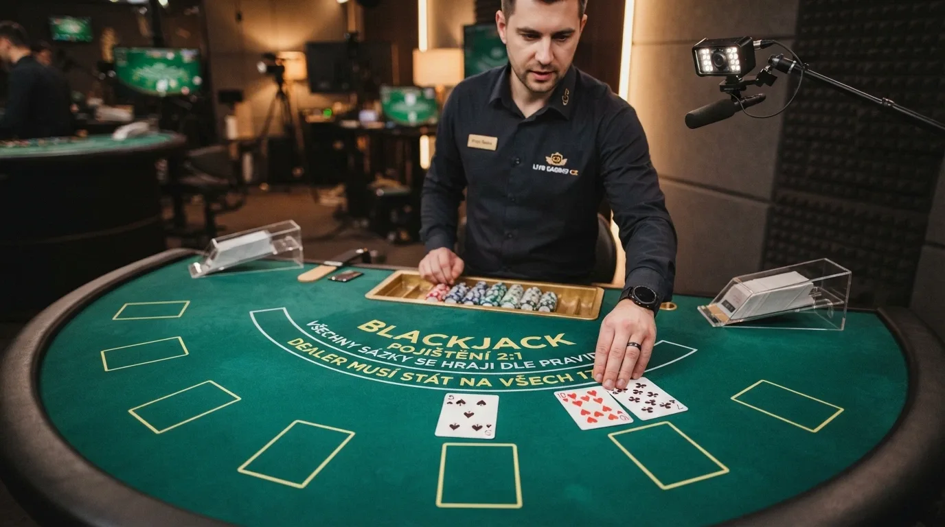 Krupiér u živého blackjackového stolu ve studiu — pohled na stůl s rozdanými kartami a sázkovým polem