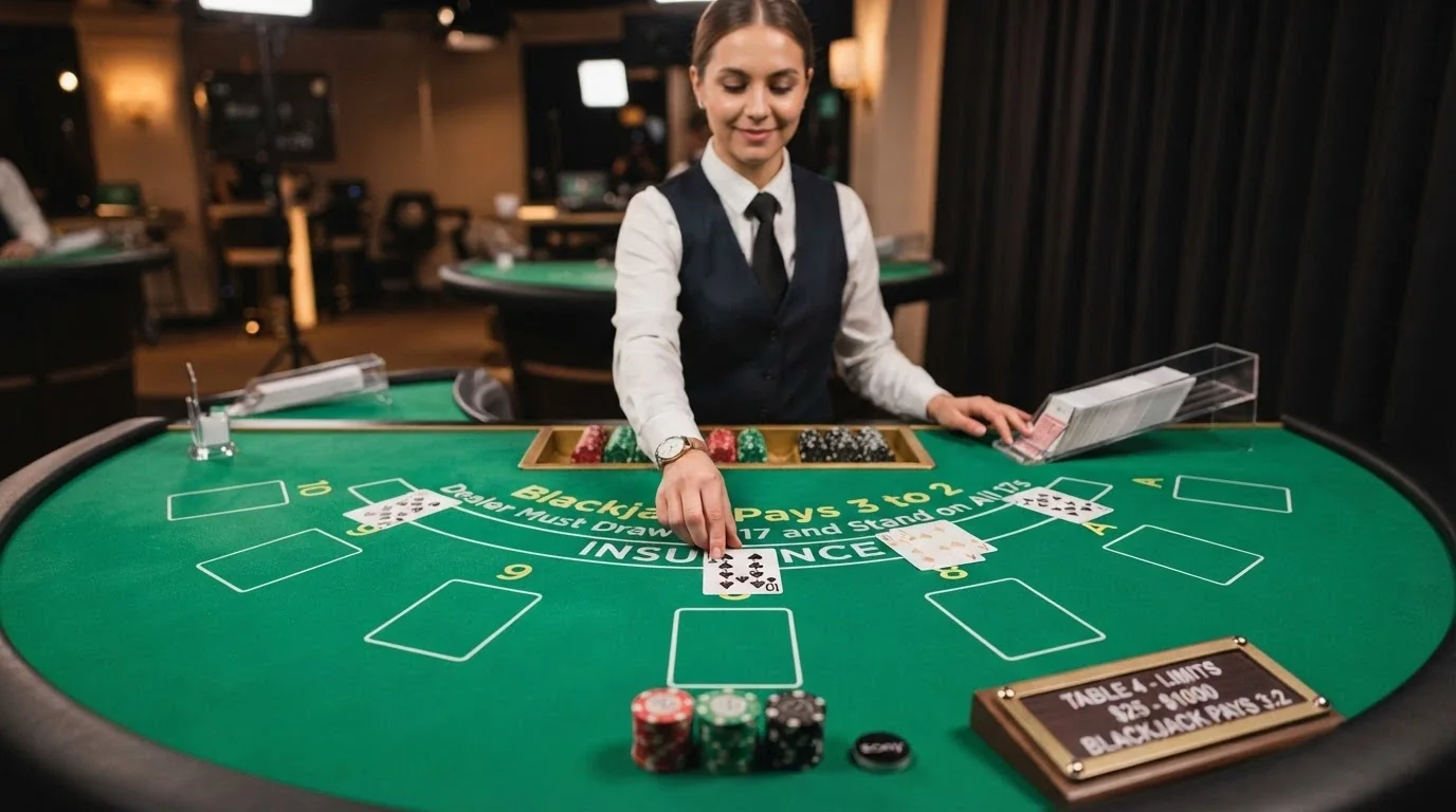 Živý krupiér u blackjackového stolu, jak rozdává karty před kamerou