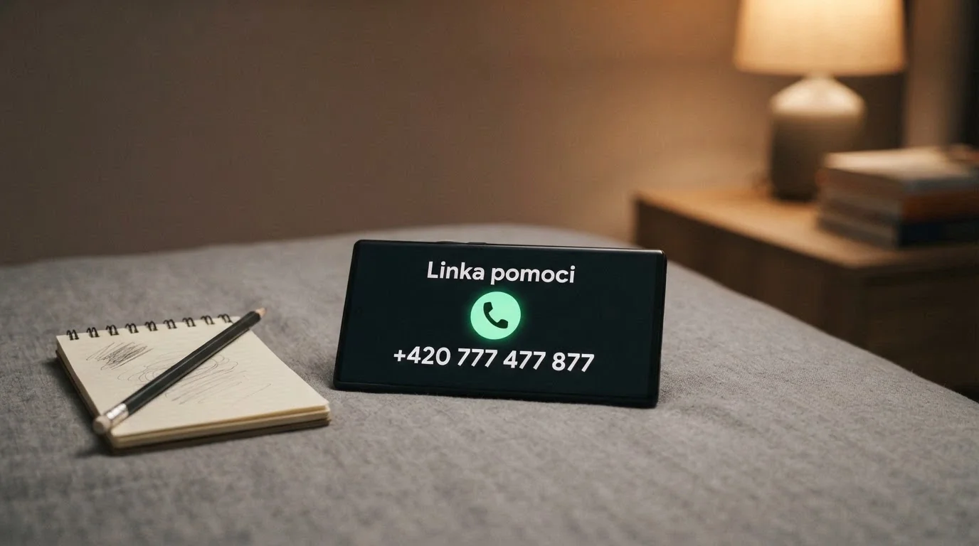 Telefon s nasvíceným displejem a číslem linky pomoci — nonstop dostupnost pro hráče v krizi.
