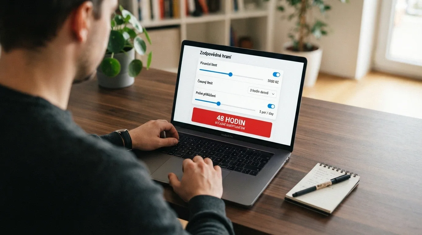 Obrazovka s nastavením herních limitů — finanční limit, časový limit, počet přihlášení — vedle tlačítka „Panic button: 48hodinové sebevyloučení“