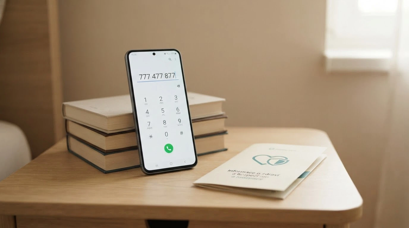 Telefon s vytočeným číslem 777 477 877, vedle propagační materiál projektu Zodpovědné hraní