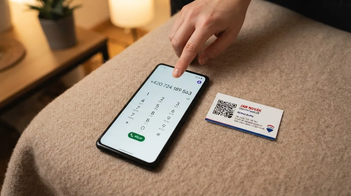 Telefon s vytočeným číslem linky pomoci, vedle něj vizitka s logem projektu Zodpovědné hraní a QR kódem na mapu pomoci