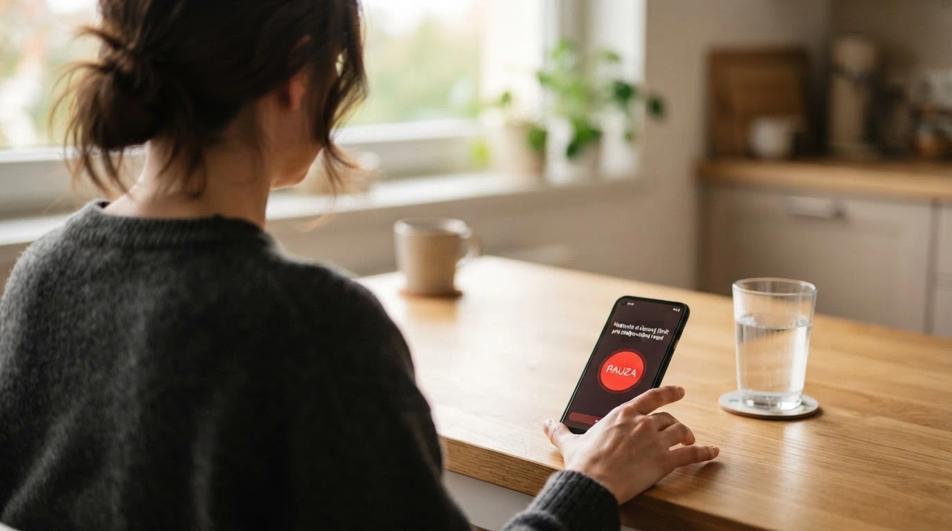 Tlačítko s nápisem „panic button“ na obrazovce mobilu, vedle sklenice vody — klidný, věcný tón