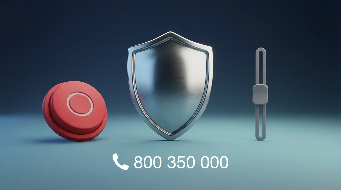 Rozcestník s ikonami: panic button (červené tlačítko), herní limity (posuvník), telefonní sluchátko s číslem 800 350 000, štít s nápisem RVO